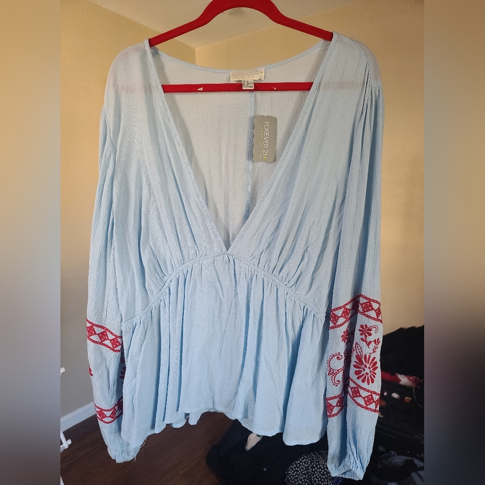 Forever 21 Light Blue Blouse with Red Embroidery